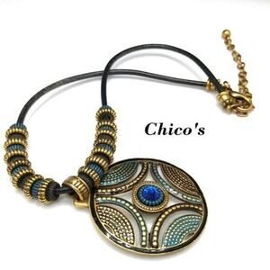 Chico's Blue Rhinestone Enamel Pendant Beaded Necklace, Leather Cord, 20 Inches